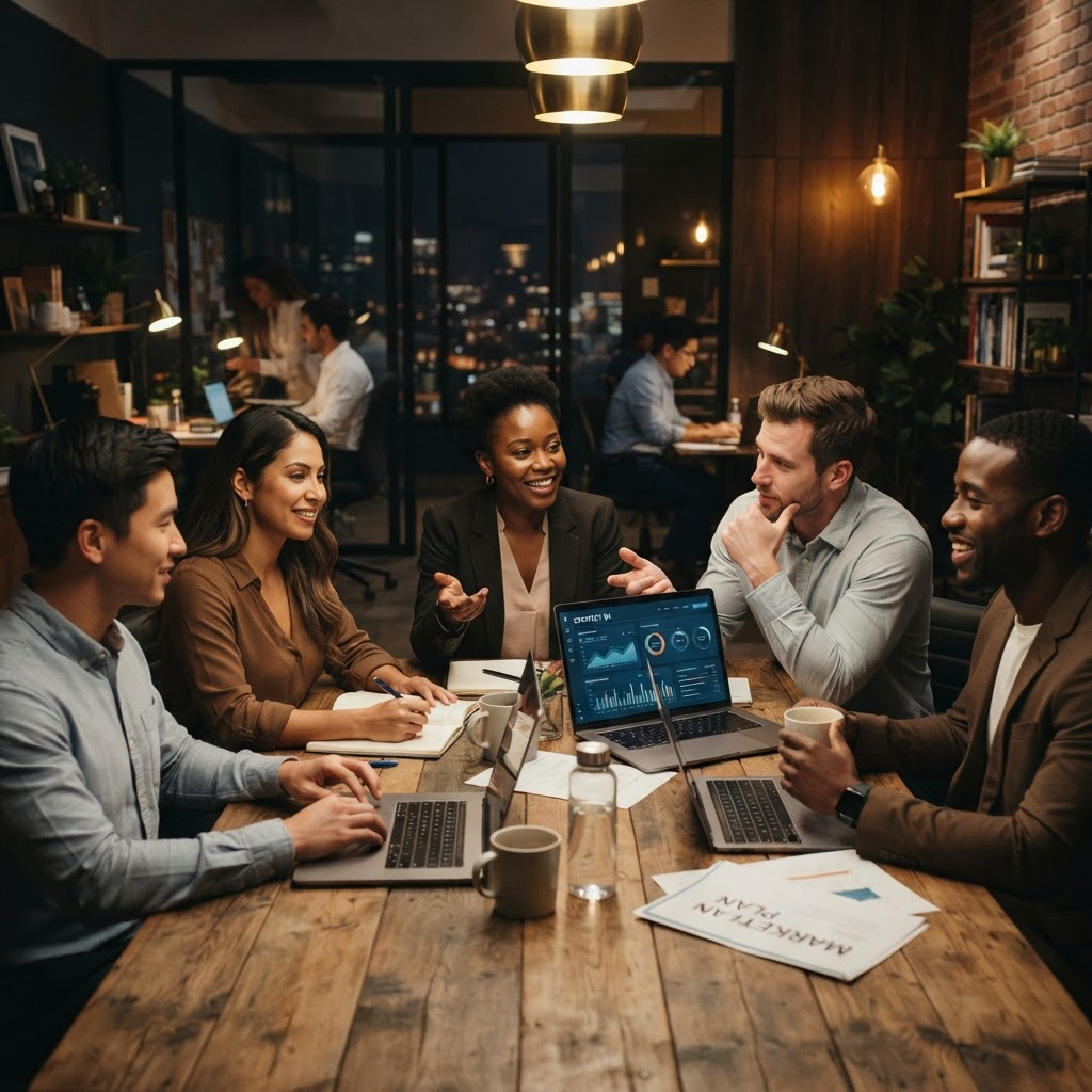 Entrepreneurs collaborating on marketing strategy